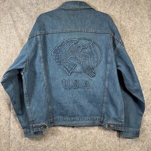 Vtg Denim Trucker Jacket Union Made USA Mens Large Embossed Eagle USA Jean Biker